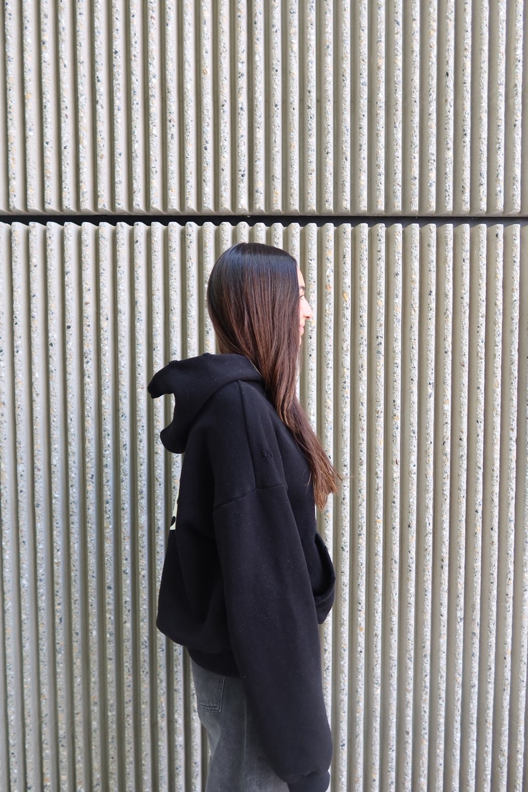 CHOICE Hoodie Black - side profile, oversized fit