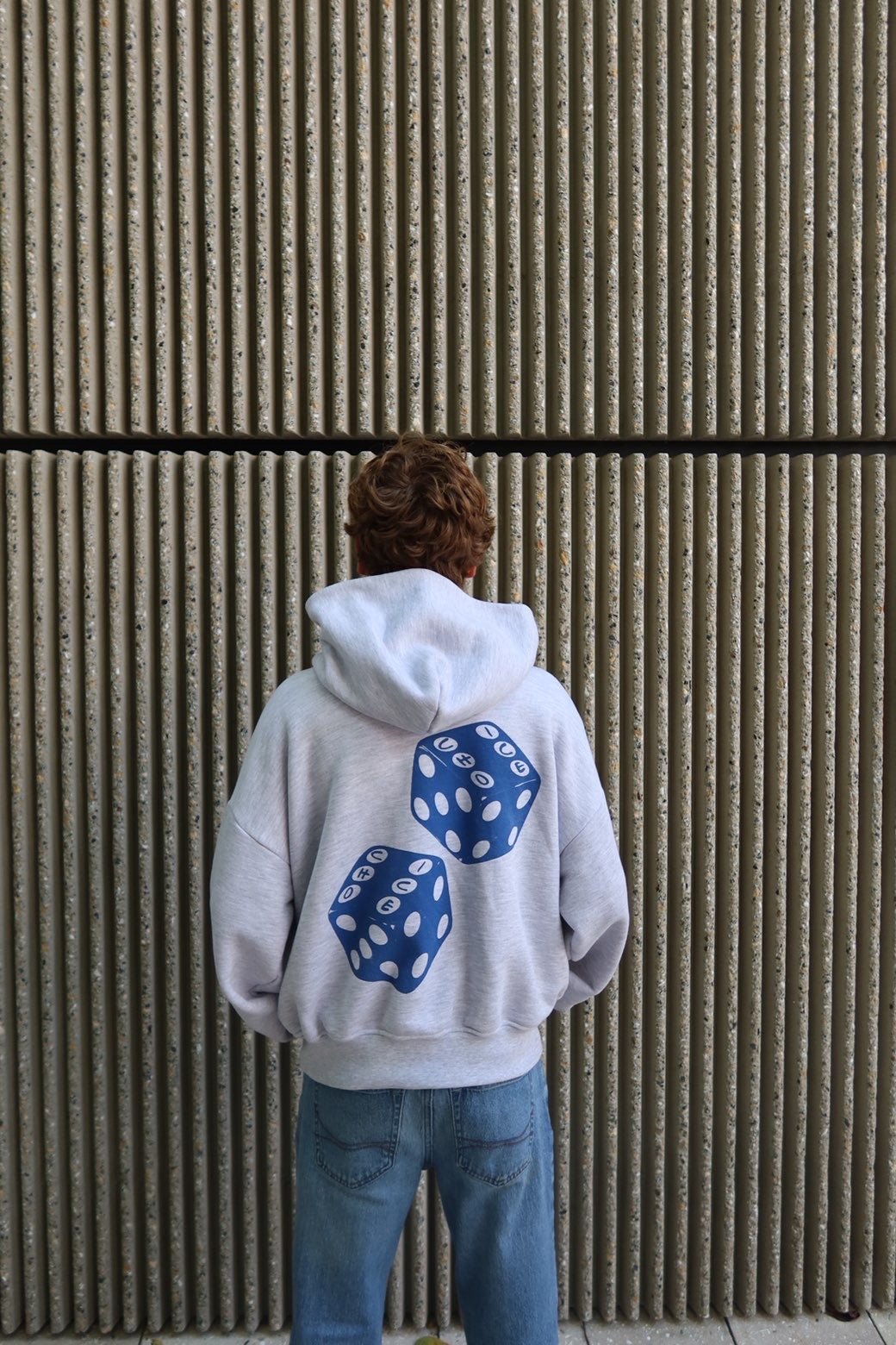 CHOICE Hoodie Heather Grey - back, navy dice graphic
