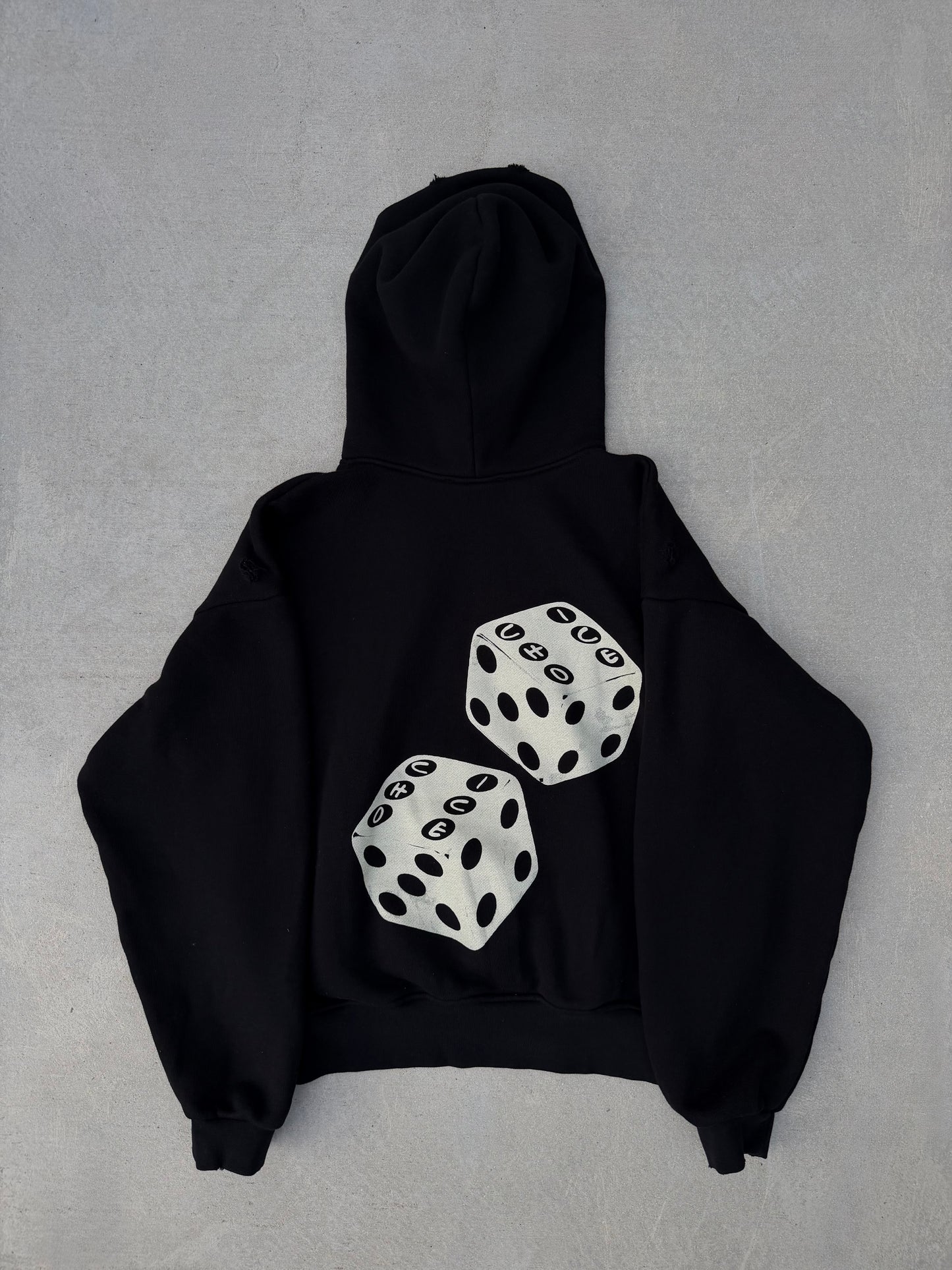 CHOICE Hoodie in black — back, cream dice graphic