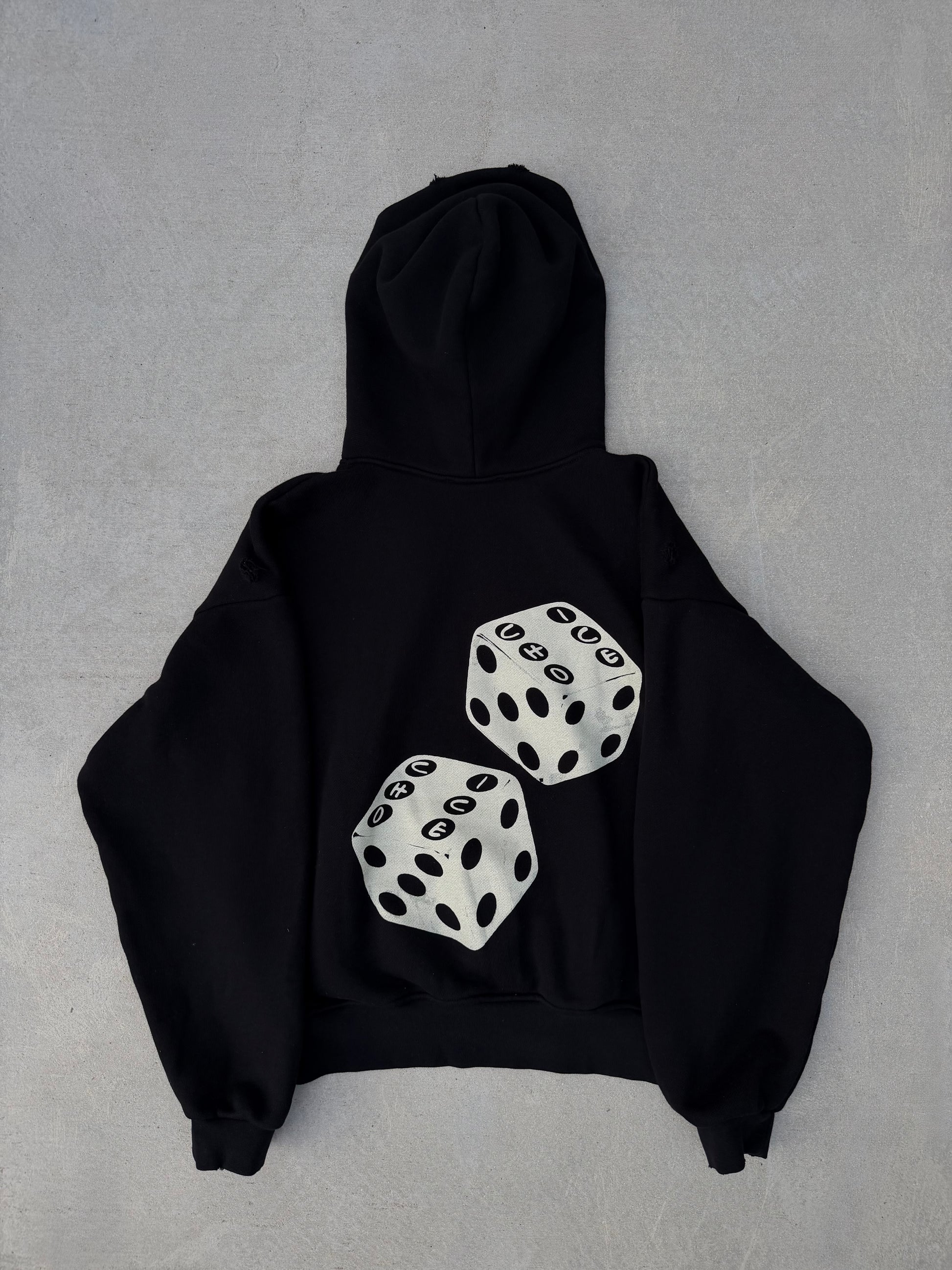 CHOICE Hoodie in black — back, cream dice graphic