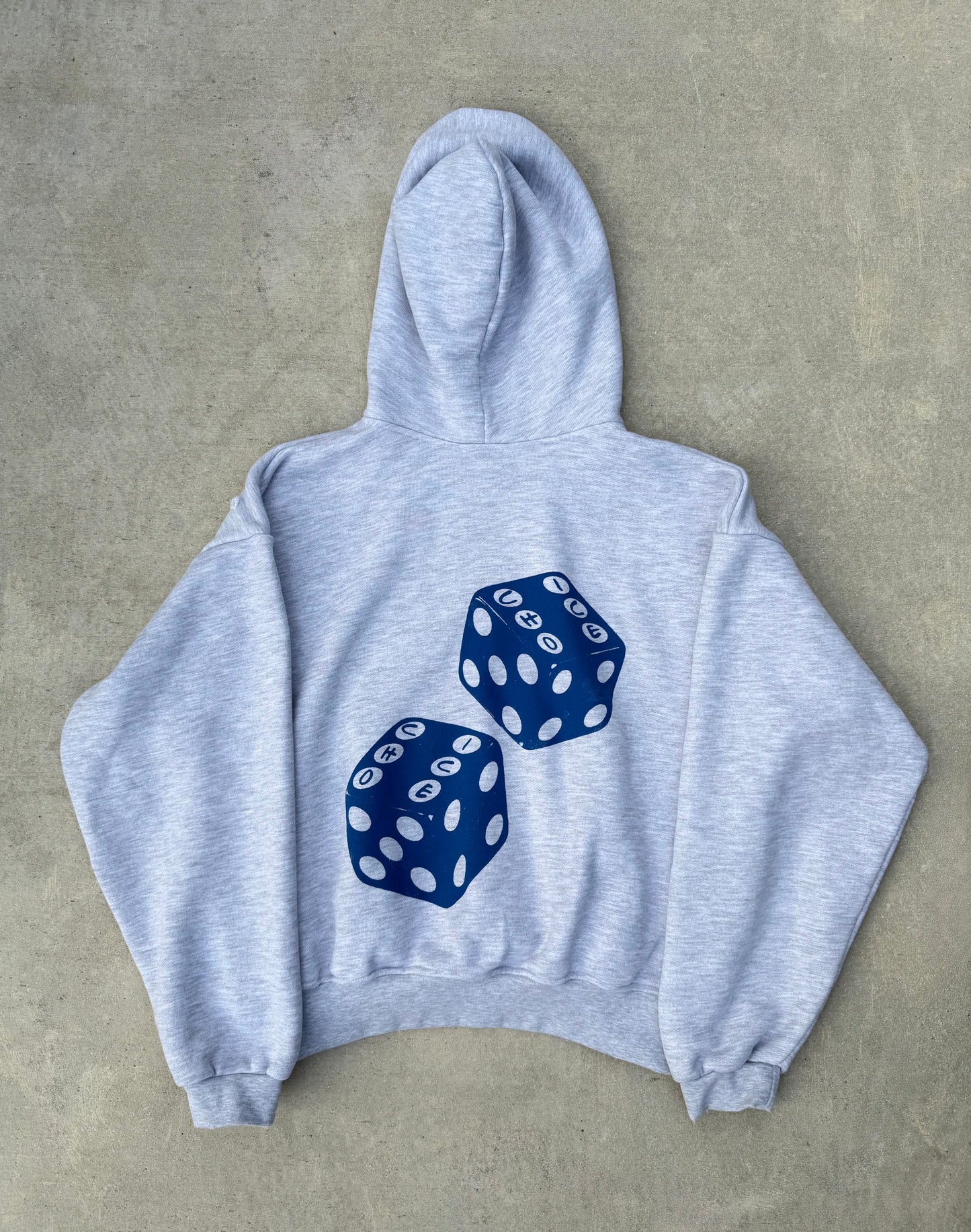 CHOICE Hoodie in heather grey — back, navy dice graphic