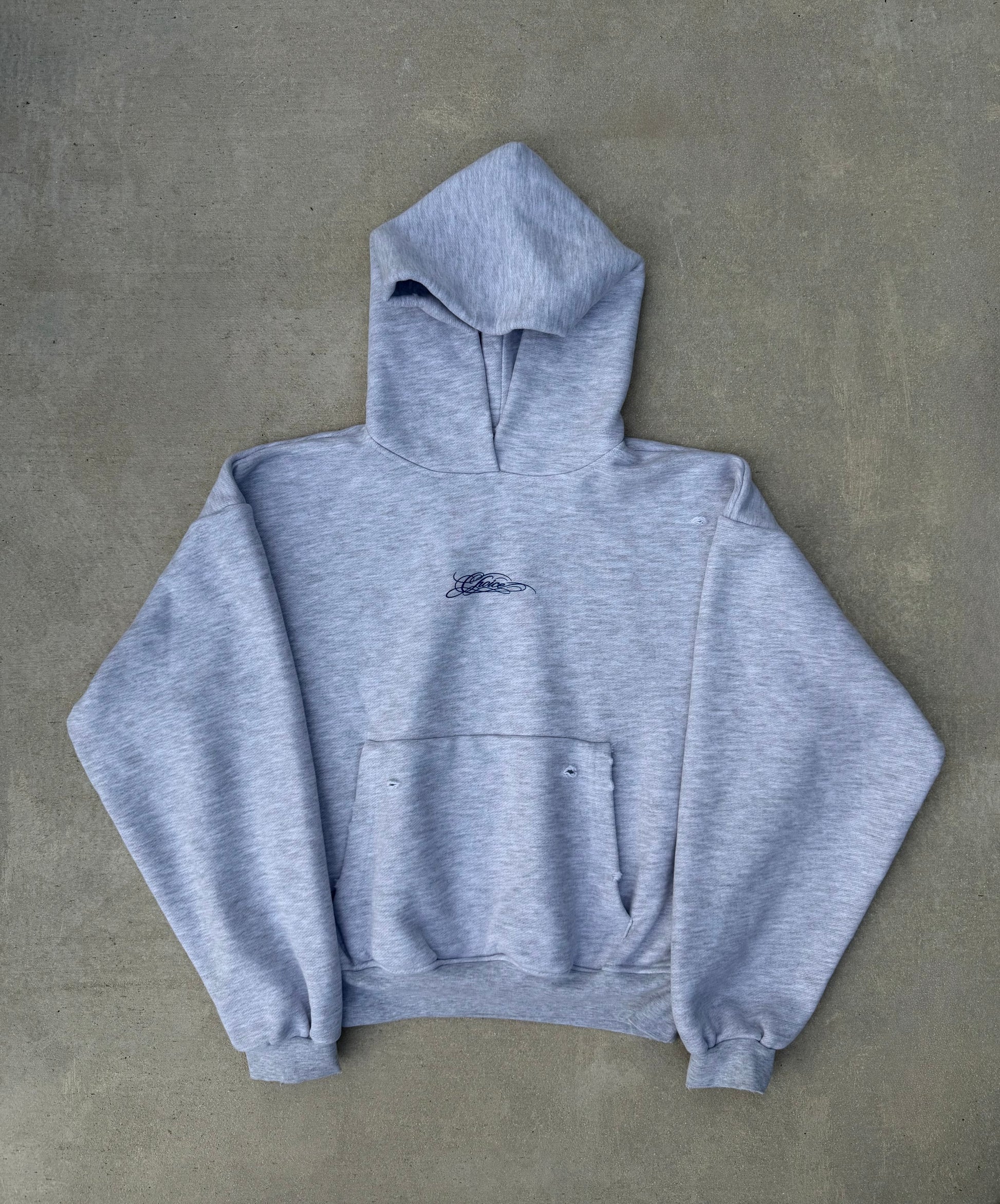 CHOICE Hoodie in heather grey — front, navy Choice script at chest